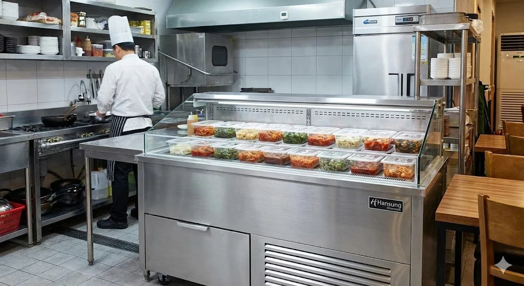 식당 주방에 설치된 고성능 업소용반찬냉장고 한성쇼케이스 실물 사진