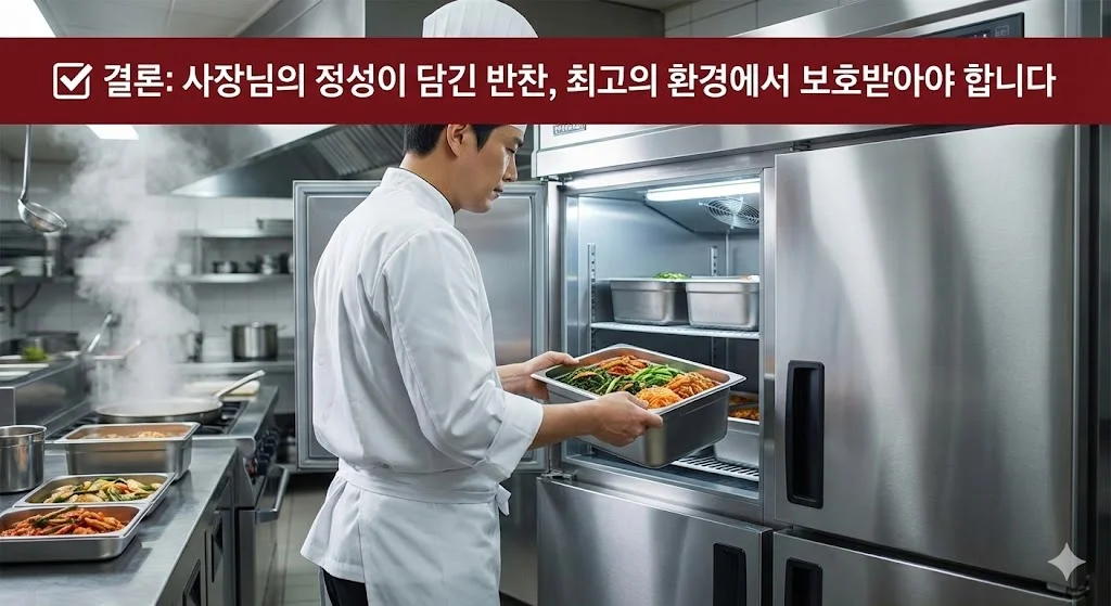 분주한 주방 환경에서도 끄떡없는 견고한 업소용 냉장고에 갓 만든 반찬을 넣는 모습을 통해, 어떤 상황에서도 맛을 지켜내는 신뢰성을 보여줍니다.