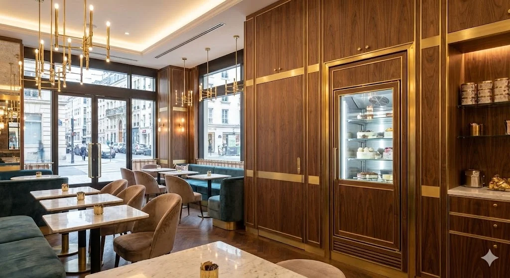 매장 인테리어와 일체화된 커스텀 냉동 쇼케이스가 배치된 카페 전경.