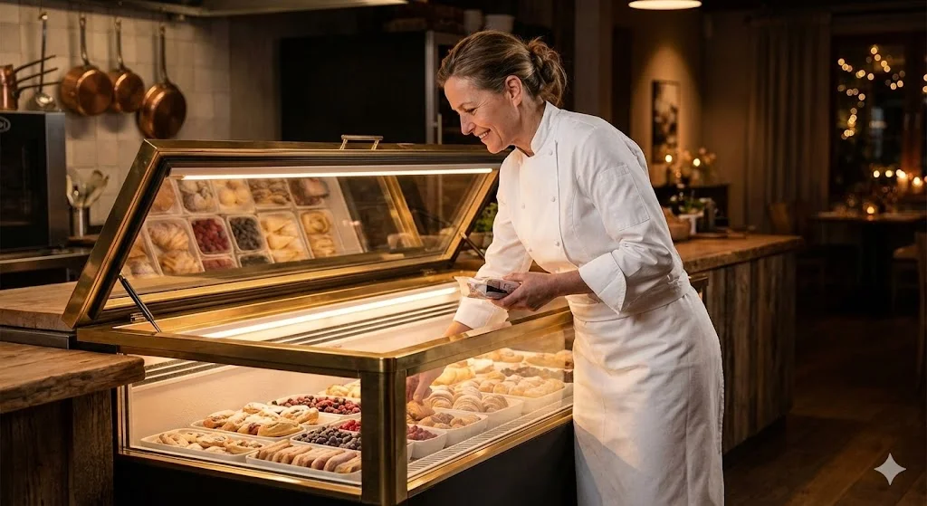 하이엔드 냉동고 성능에 만족해하며 식재료를 확인하는 셰프의 모습.