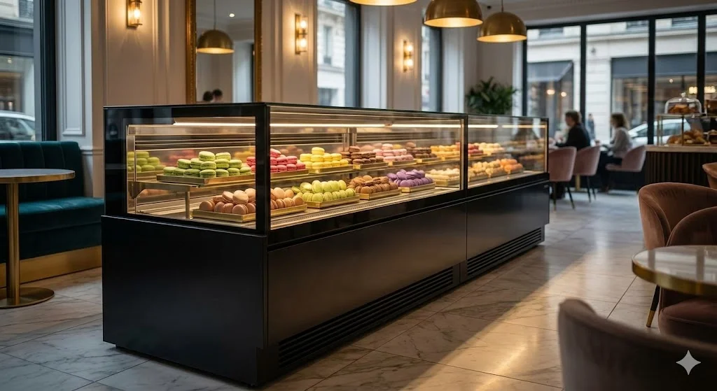 마카롱이 선명하게 진열된 프리미엄 간냉식냉동고 쇼케이스 내부.