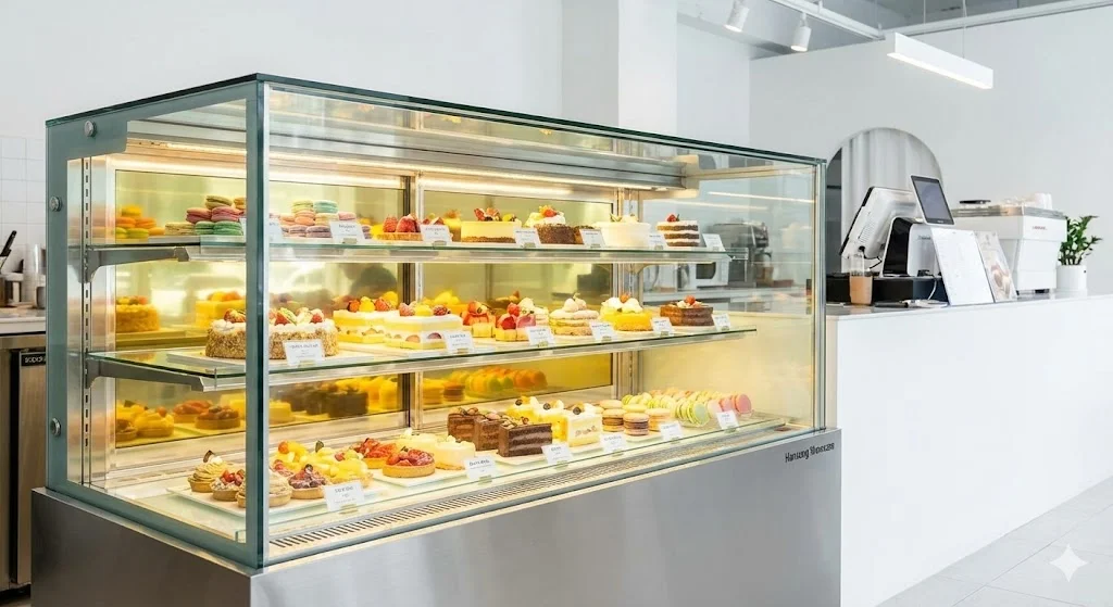 투명한 유리에 화려한 케이크가 진열된 고성능 디저트냉장고