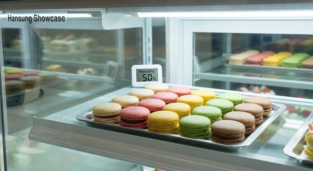 일정한 온도와 습도로 신선함을 유지하는 디저트냉장고 속 마카롱