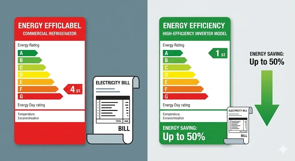 일반 모델 대비 전력 소비를 줄여주는 고효율 음료수 냉장고 에너지 등급