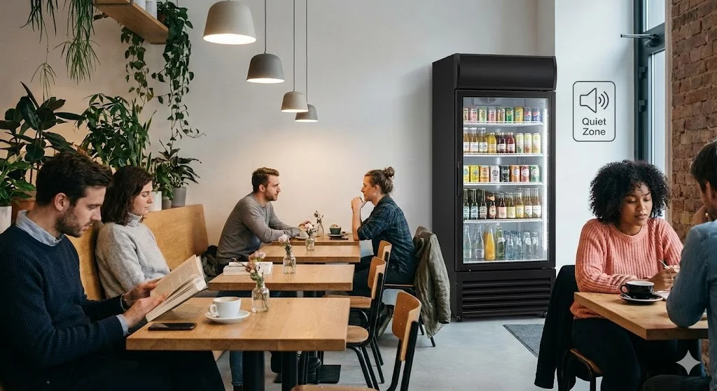 소음 없이 쾌적한 카페 환경에서 음료를 즐기는 고객들과 음료수 냉장고