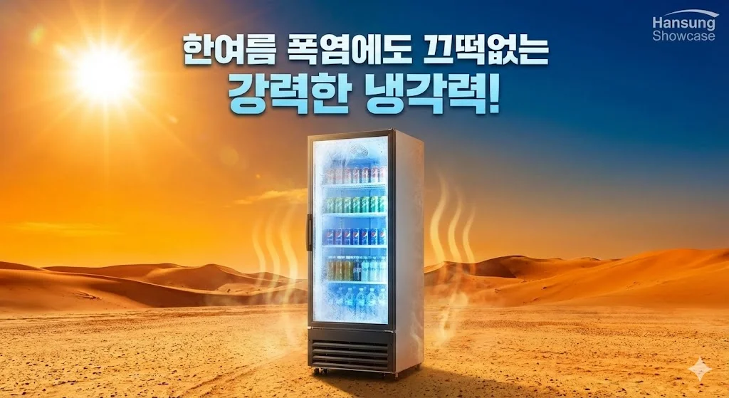 이글거리는 사막과 뜨거운 태양 아래서도 냉장고 내부는 시원하게 유지되는 모습을 통해 강력한 냉각 성능을 직관적으로 표현