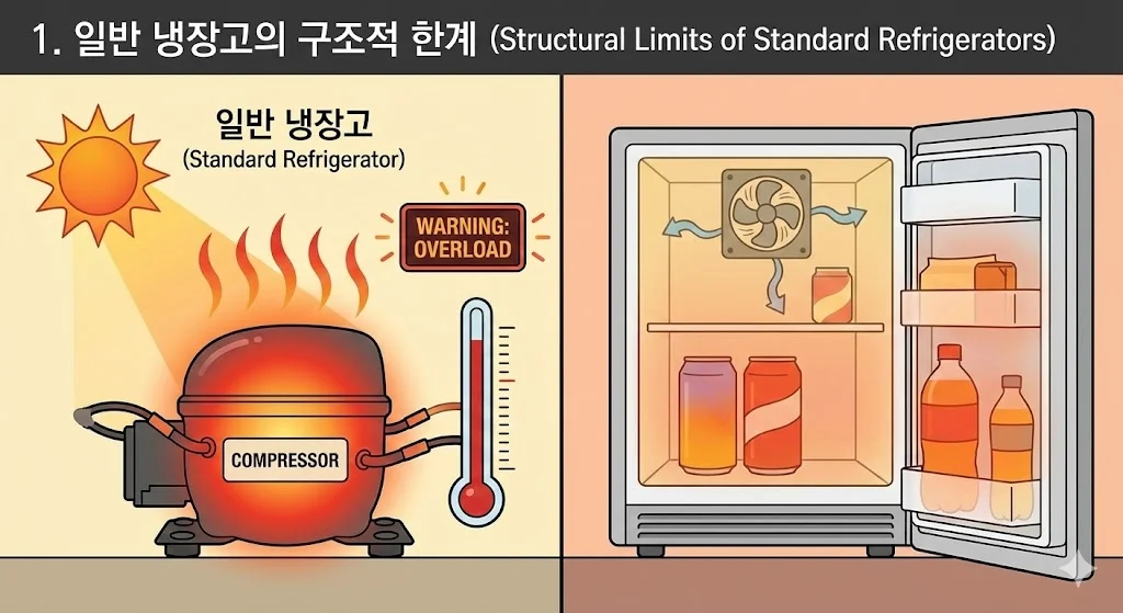 붉게 달아오른 컴프레서와 경고 표시를 통해 폭염 시 일반 냉장고가 겪는 구조적 문제를 알기 쉽게 표현