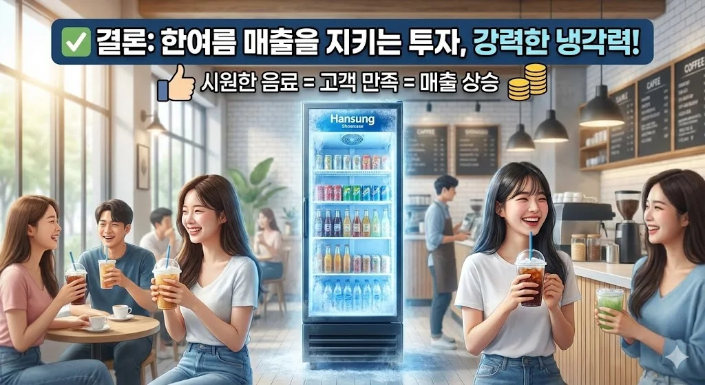 활기찬 매장 분위기와 만족하는 고객들의 모습을 통해, 강력한 냉각력을 가진 냉장고에 대한 투자가 성공적인 여름 장사로 이어진다는 긍정적인 메시지를 전달