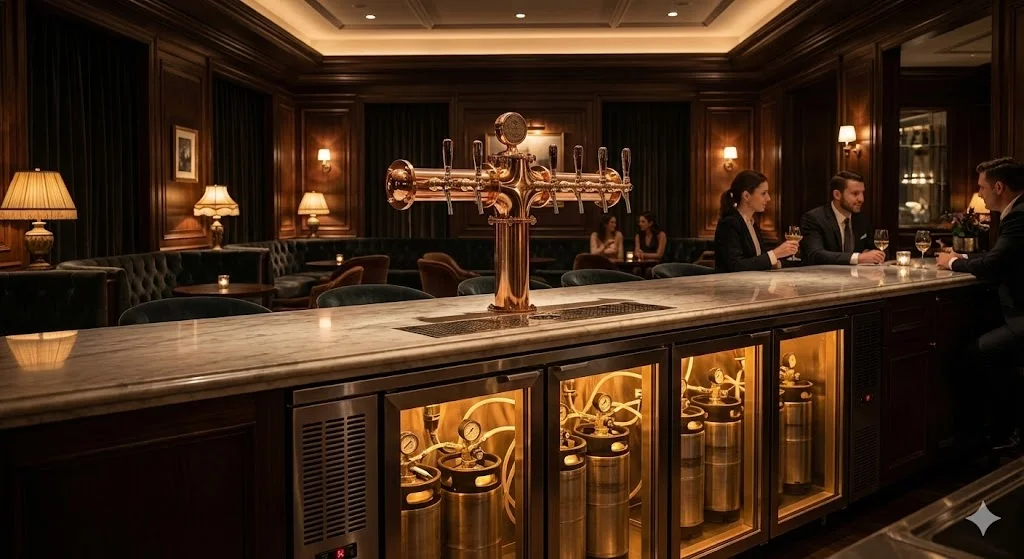 매장의 품격을 완성하는 오브제: 하이엔드 커스텀 맥주 타워와 냉장고 시스템.