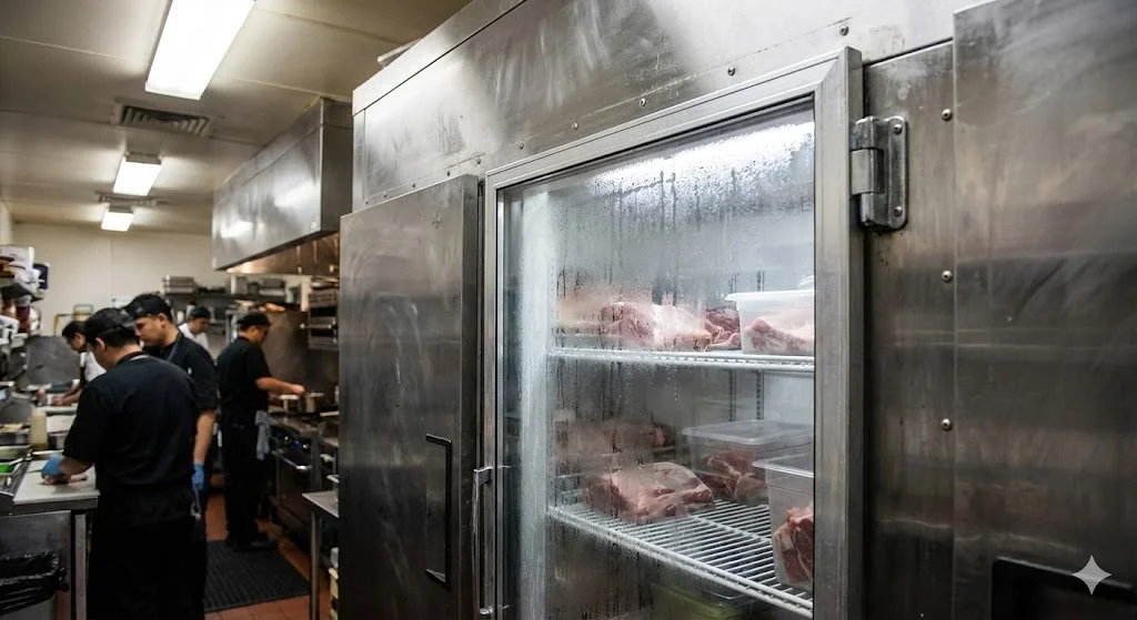 일반적인 식당 주방이나 정육점 풍경. 기능에 충실하지만 외부 온도 차로 인해 유리에 약간의 서리가 끼어 내부가 흐릿하게 보이는 현실적인 모습.