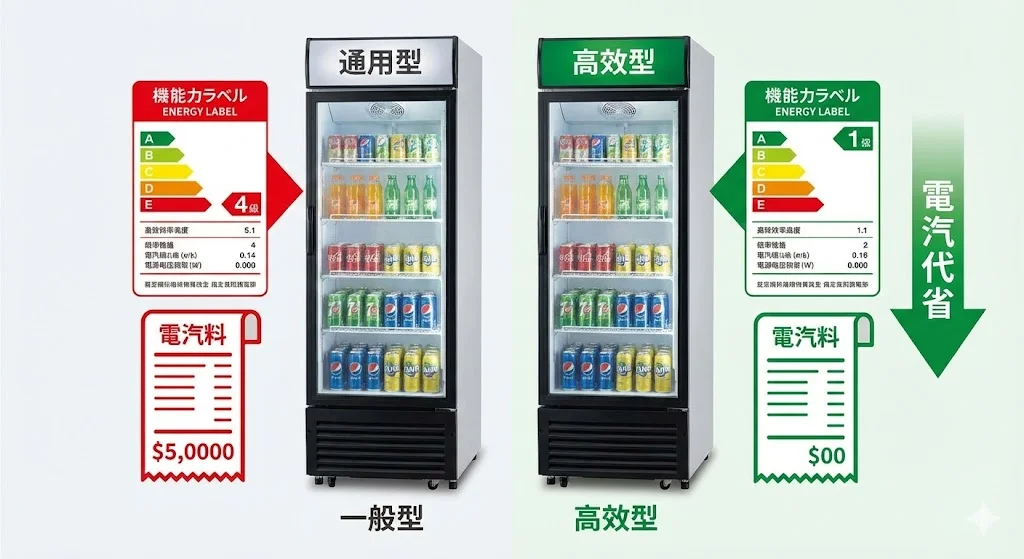 일반 모델 대비 전력 소비량이 적은 고효율 업소용음료수냉장고 에너지 효율 비교