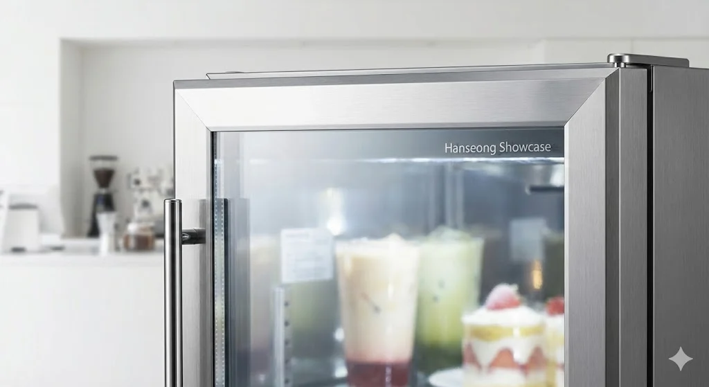 슬림한 프레임과 고급스러운 마감이 돋보이는 카페냉장고 디자인 디테일
