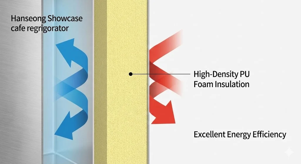 고밀도 단열재로 냉기 손실을 차단하는 카페냉장고 단면 구조
