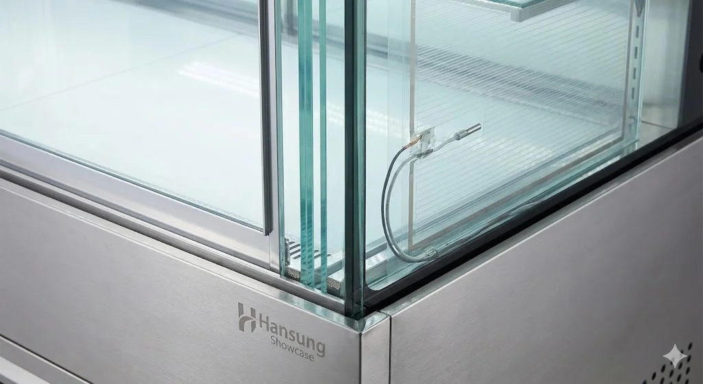 한성쇼케이스의 3중 페어 유리 구조와 열선이 적용된 디테일 사진
