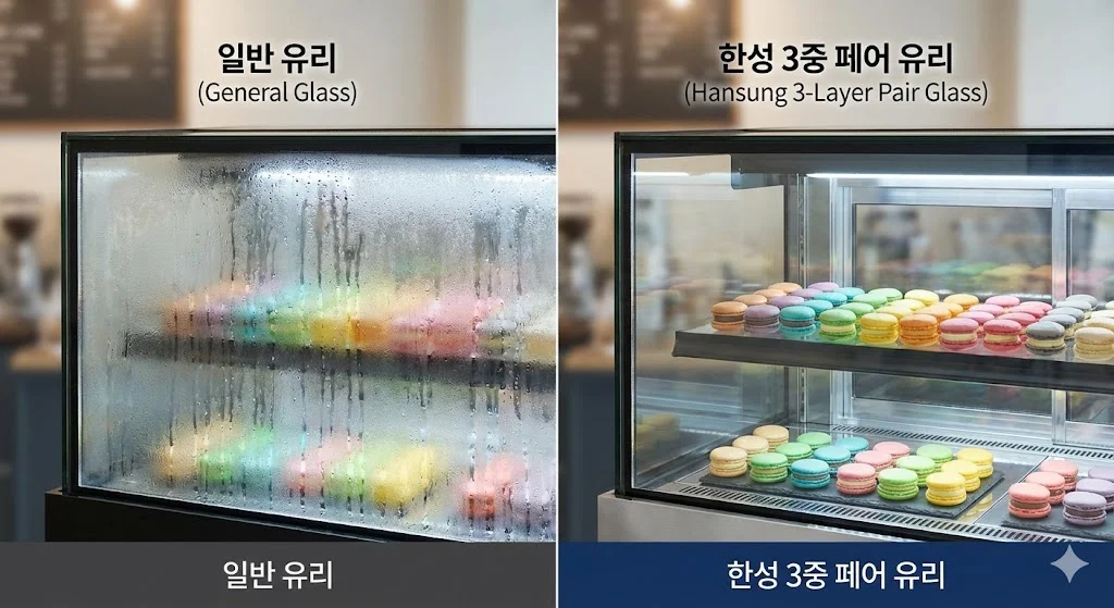결로가 심한 일반 유리와 투명한 한성 3중 페어 유리 쇼케이스 비교 사진