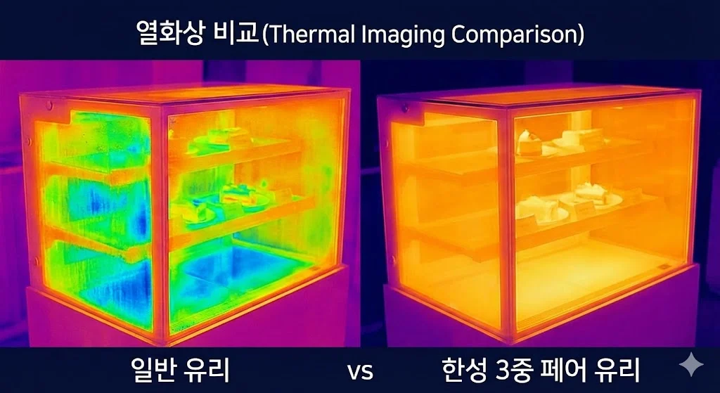 일반 유리와 한성 3중 페어 유리의 단열 성능 차이를 보여주는 열화상 비교 사진