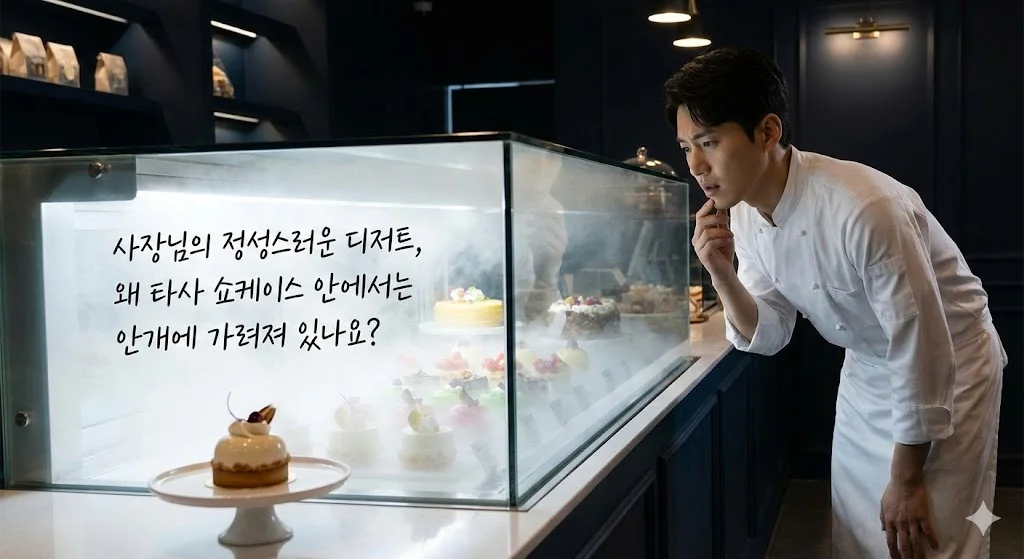 뿌연 김이 서려 내부의 디저트가 잘 보이지 않는 타사 쇼케이스를 걱정스러운 표정으로 바라보는 셰프