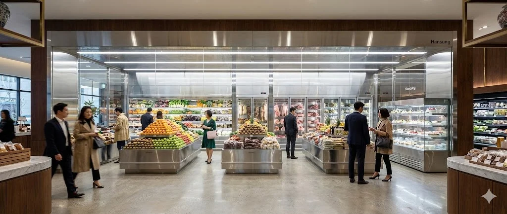 고급 식자재 마트에 설치된 한성쇼케이스의 대형 맞춤형 스테인리스 냉장 진열대 전경