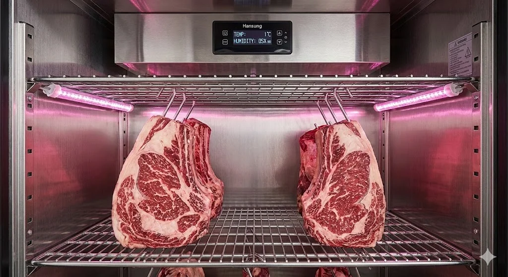 한성쇼케이스 대형 정육 숙성고 내부의 고강도 스테인리스 마감과 육류 전용 조명 클로즈업