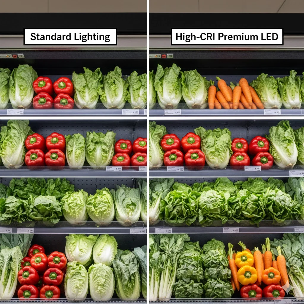 쇼케이스 내부 일반 조명과 고연색 프리미엄 LED 조명 아래의 채소 신선도 비교 사진