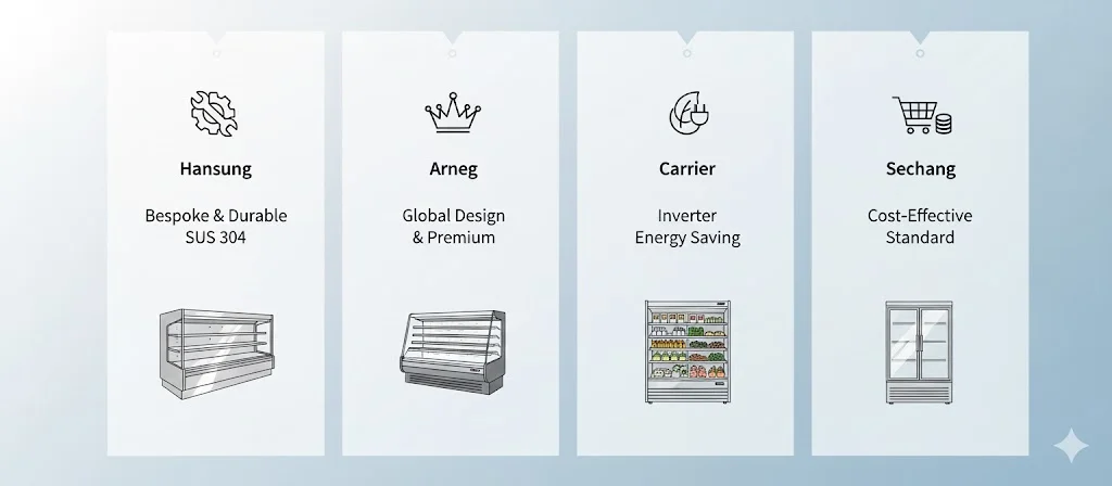 한성, 아르네, 캐리어, 세창 4대 브랜드 대형 쇼케이스의 핵심 가치 비교 인포그래픽