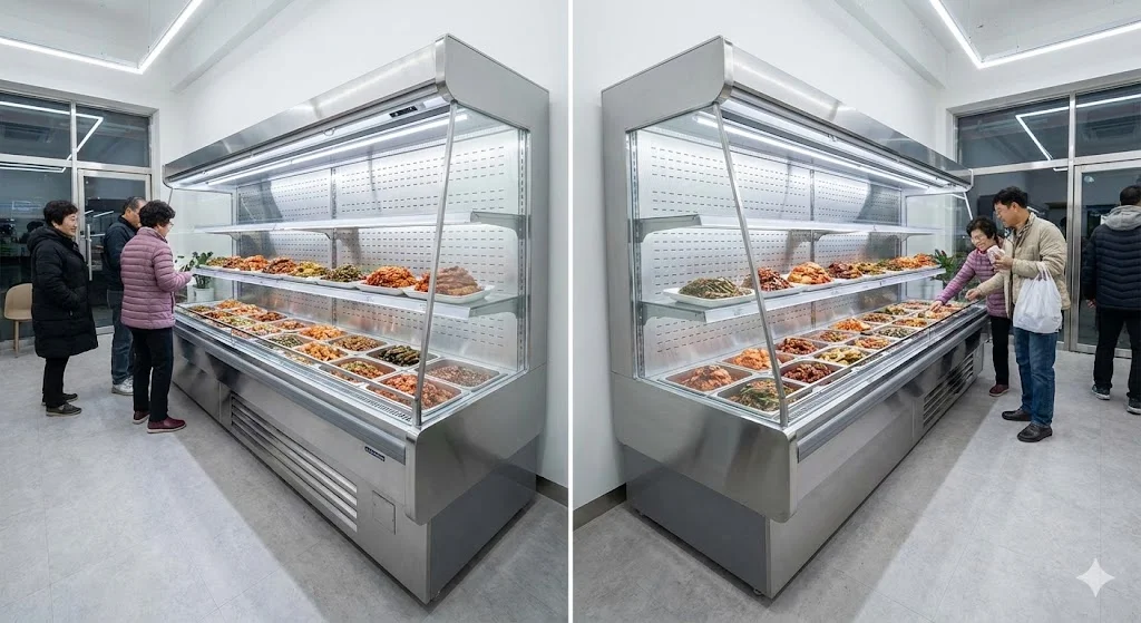 깔끔하고 위생적인 스테인리스 소재가 적용된 한성쇼케이스 반찬쇼케이스냉장고 매장 설치 실물