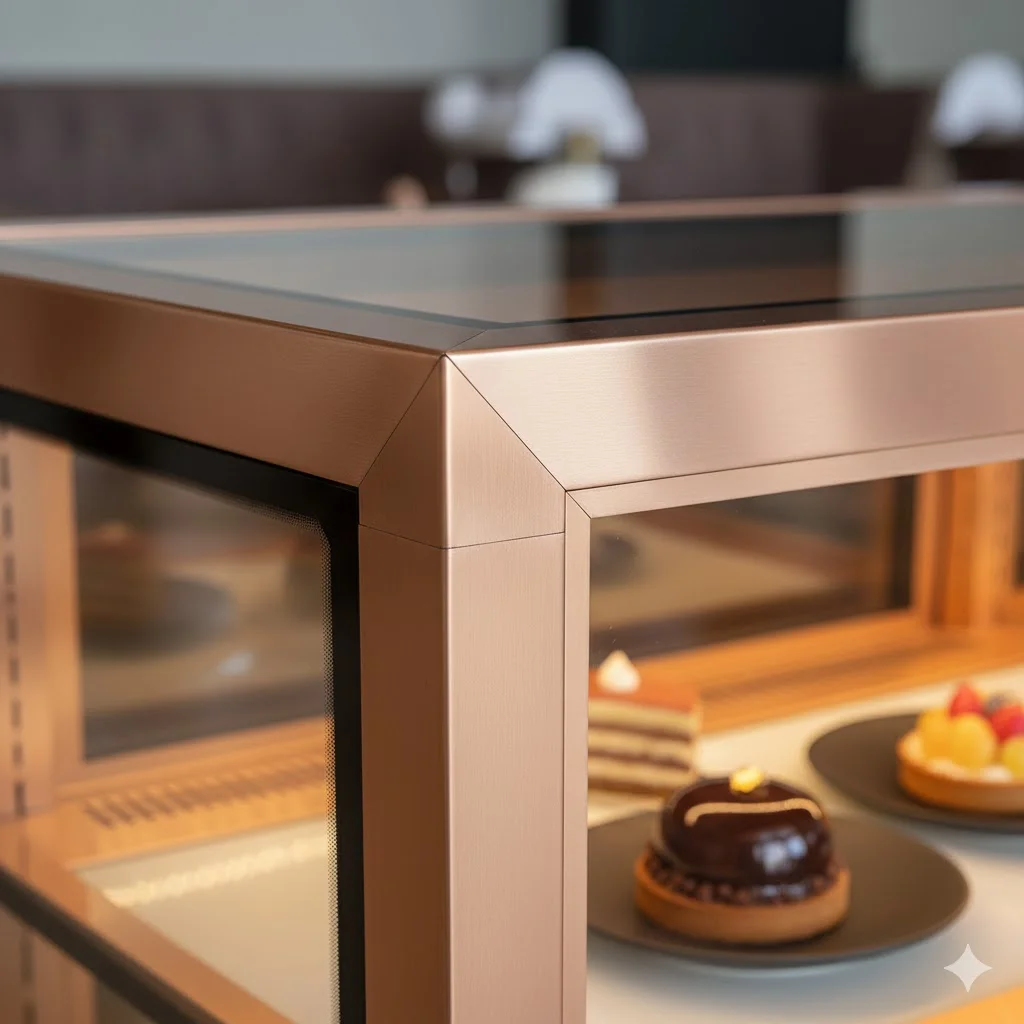 고급스러운 로즈골드 스테인리스 소재로 커스텀 제작된 프리미엄 디저트 쇼케이스의 금속 질감과 매끄러운 이음새