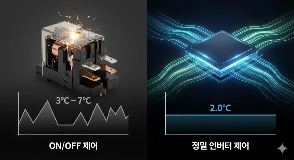 불안정한 On/Off 방식의 기계식 스위치와 정밀한 인버터 방식의 디지털 칩을 비교하여 온도 제어의 차이를 보여주는 이미지.