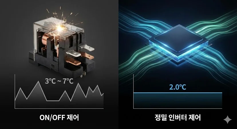 불안정한 On/Off 방식의 기계식 스위치와 정밀한 인버터 방식의 디지털 칩을 비교하여 온도 제어의 차이를 보여주는 이미지.