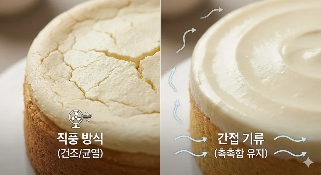 강한 직풍으로 인해 건조하고 갈라진 케이크 표면과 부드러운 간접 기류로 촉촉함을 유지하는 케이크 표면을 비교한 근접 사진.