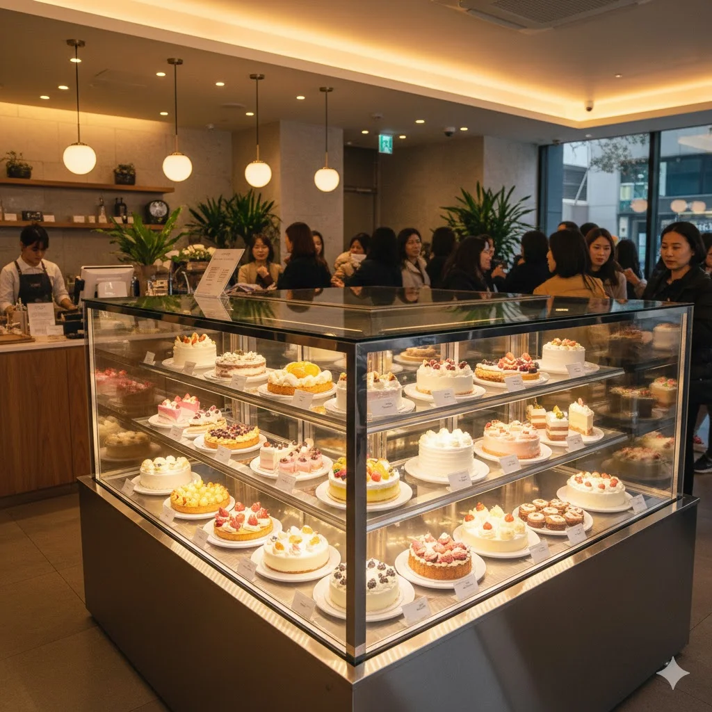 한성쇼케이스의 대형 케익쇼케이스에 화려하게 진열된 티어드 케이크와 타르트, 고연색 LED 조명 아래 먹음직스럽게 빛나는 모습