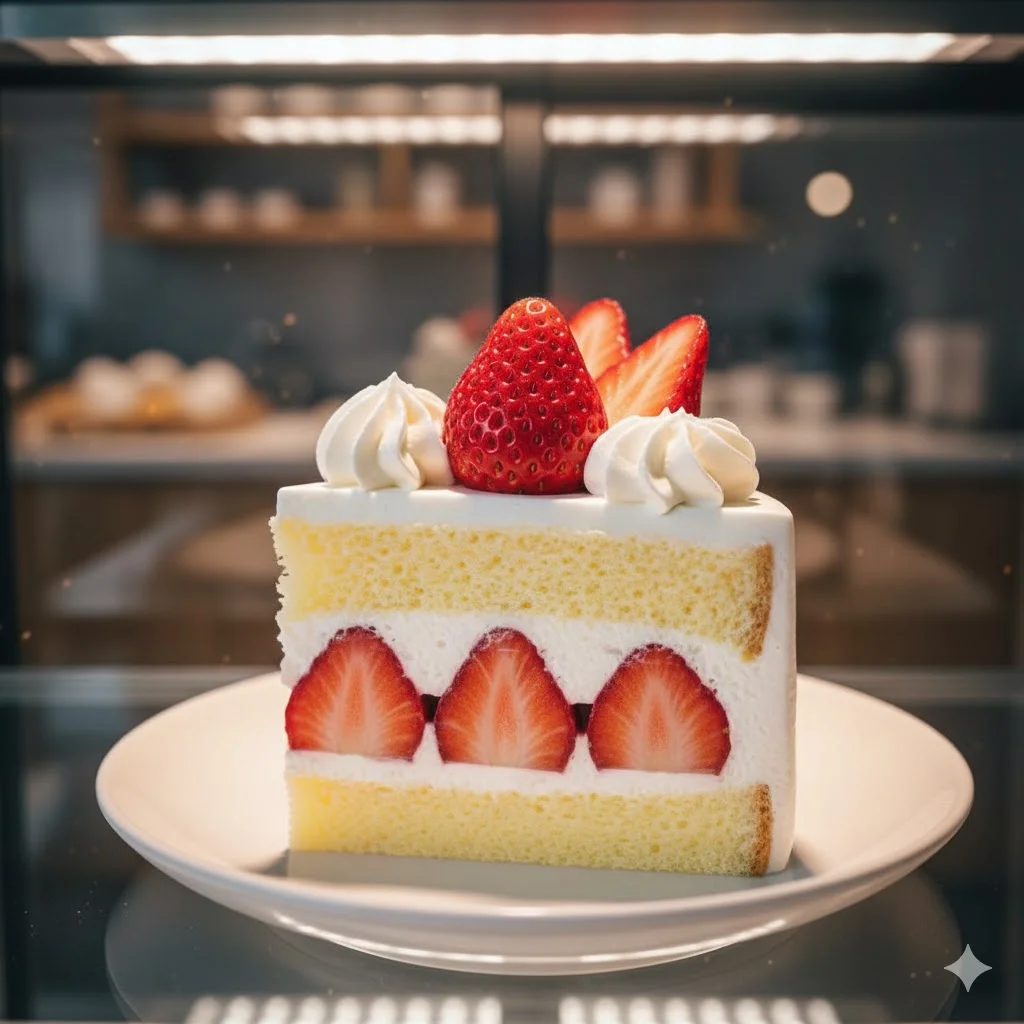 고연색(CRI 95+) LED 조명 아래에서 딸기의 붉은색과 생크림의 하얀색이 생생하게 빛나는 딸기 쇼트케이크 클로즈업