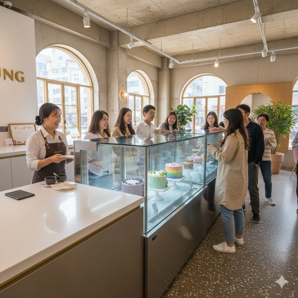 한성쇼케이스의 아름다운 케익쇼케이스 주변에 고객들이 모여 케이크를 고르는 활기찬 베이커리 내부 전경