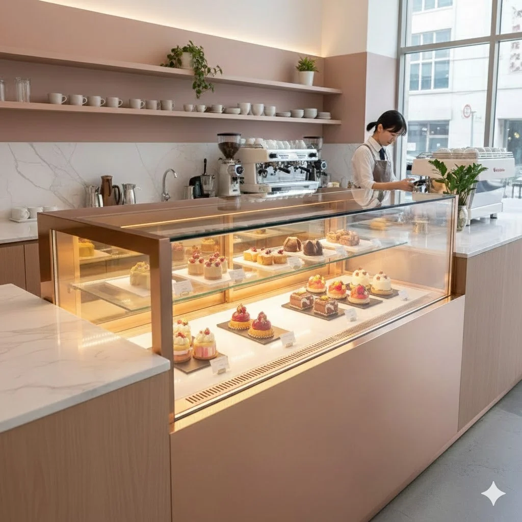 모던한 카페 카운터에 1mm의 오차 없이 매립된 한성쇼케이스의 로즈골드 스테인리스 맞춤형 케익쇼케이스