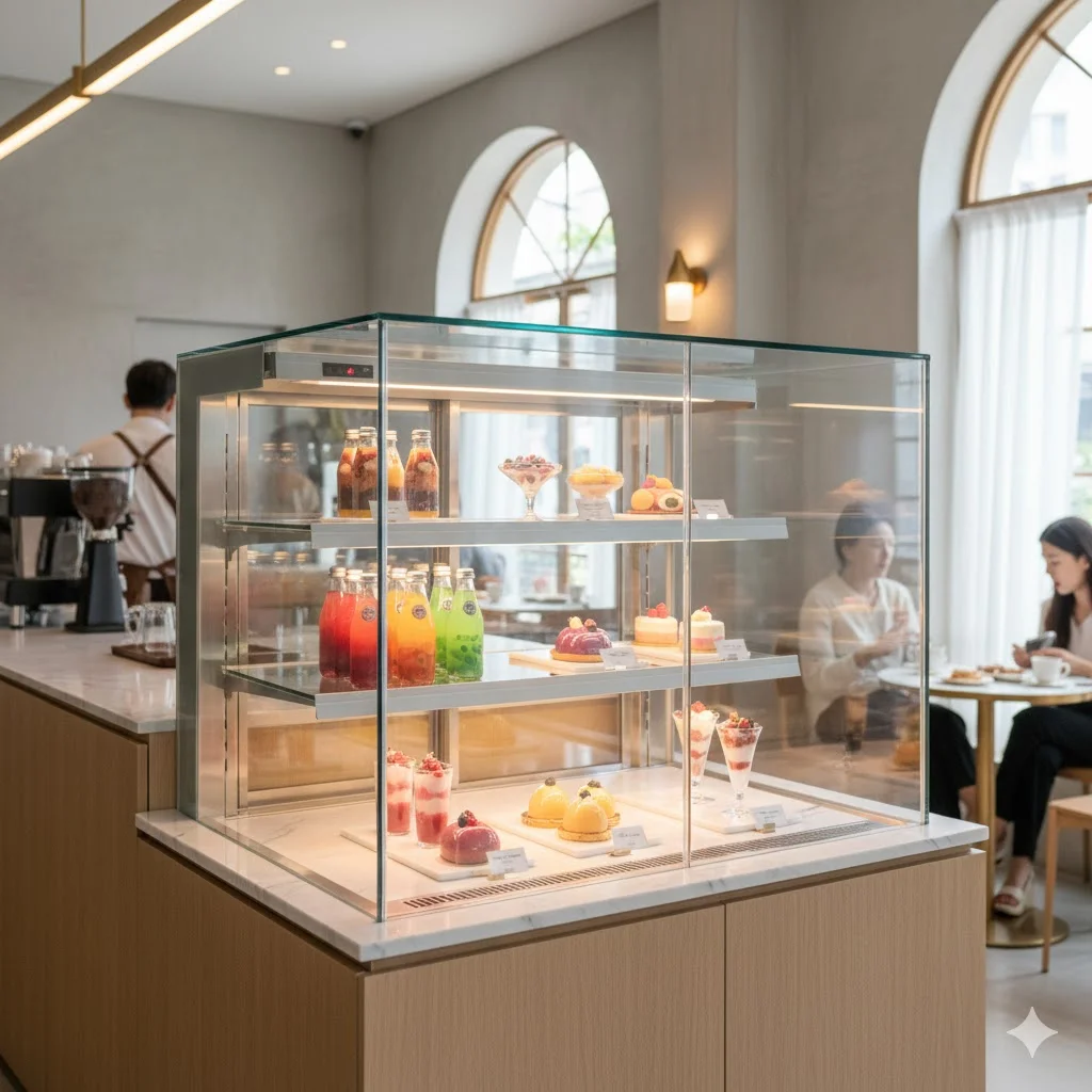 한성쇼케이스의 맞춤형 진열냉장고가 설치된 감각적인 카페 인테리어 전경