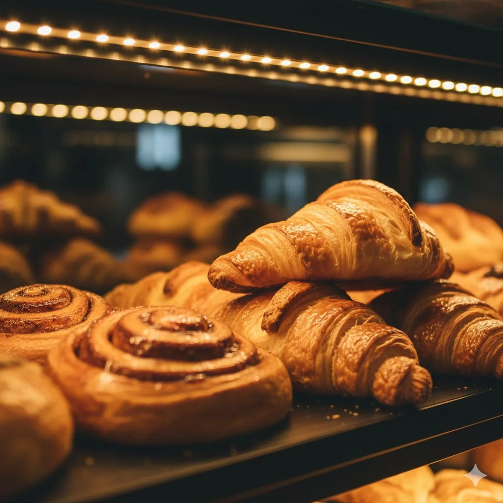 저발열 LED 조명 아래 먹음직스럽게 진열된 크루아상 상세 컷