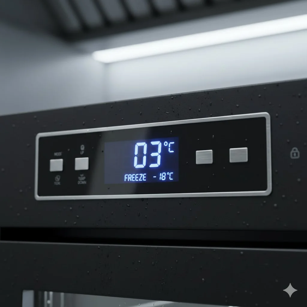 하이엔드 냉장고의 정밀 디지털 온도 조절기 디스플레이 상세 컷