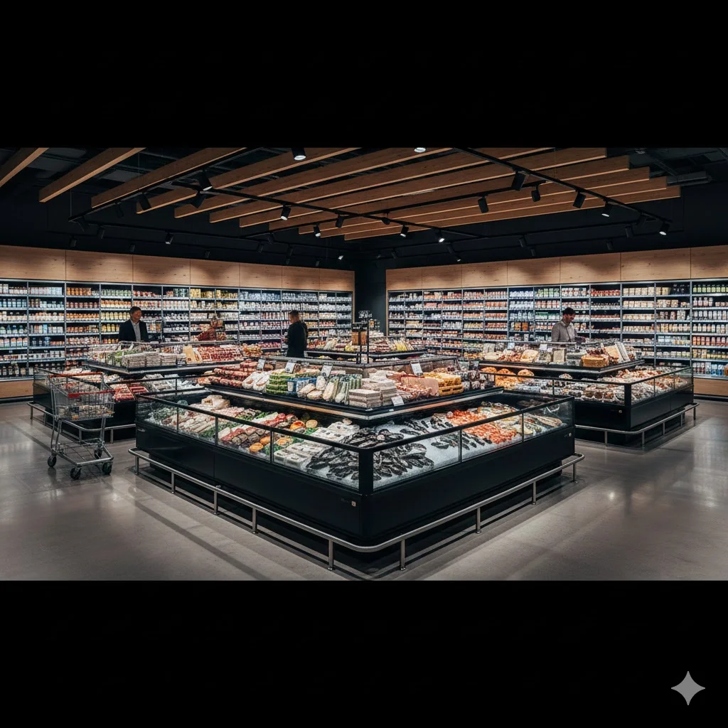 공간 효율성과 전시 효과를 동시에 잡은 프리미엄 평대냉장고 전경