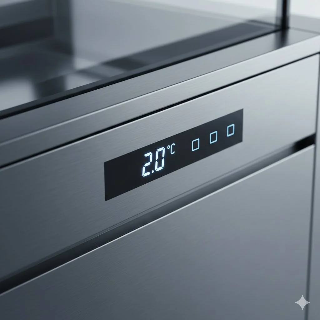 하이엔드 냉장고의 미니멀한 디지털 온도 제어 장치 디스플레이