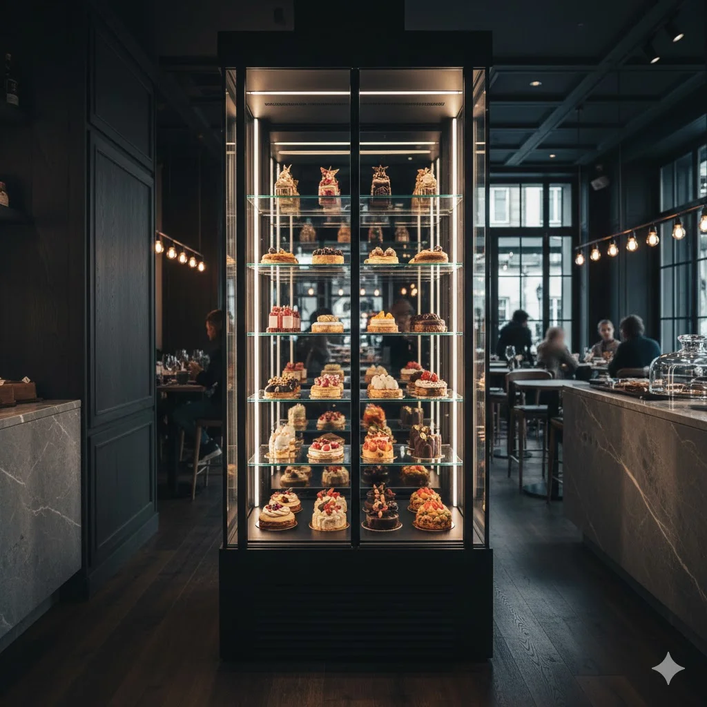 모던한 카페 인테리어와 조화를 이루는 고품격 업소용 쇼케이스