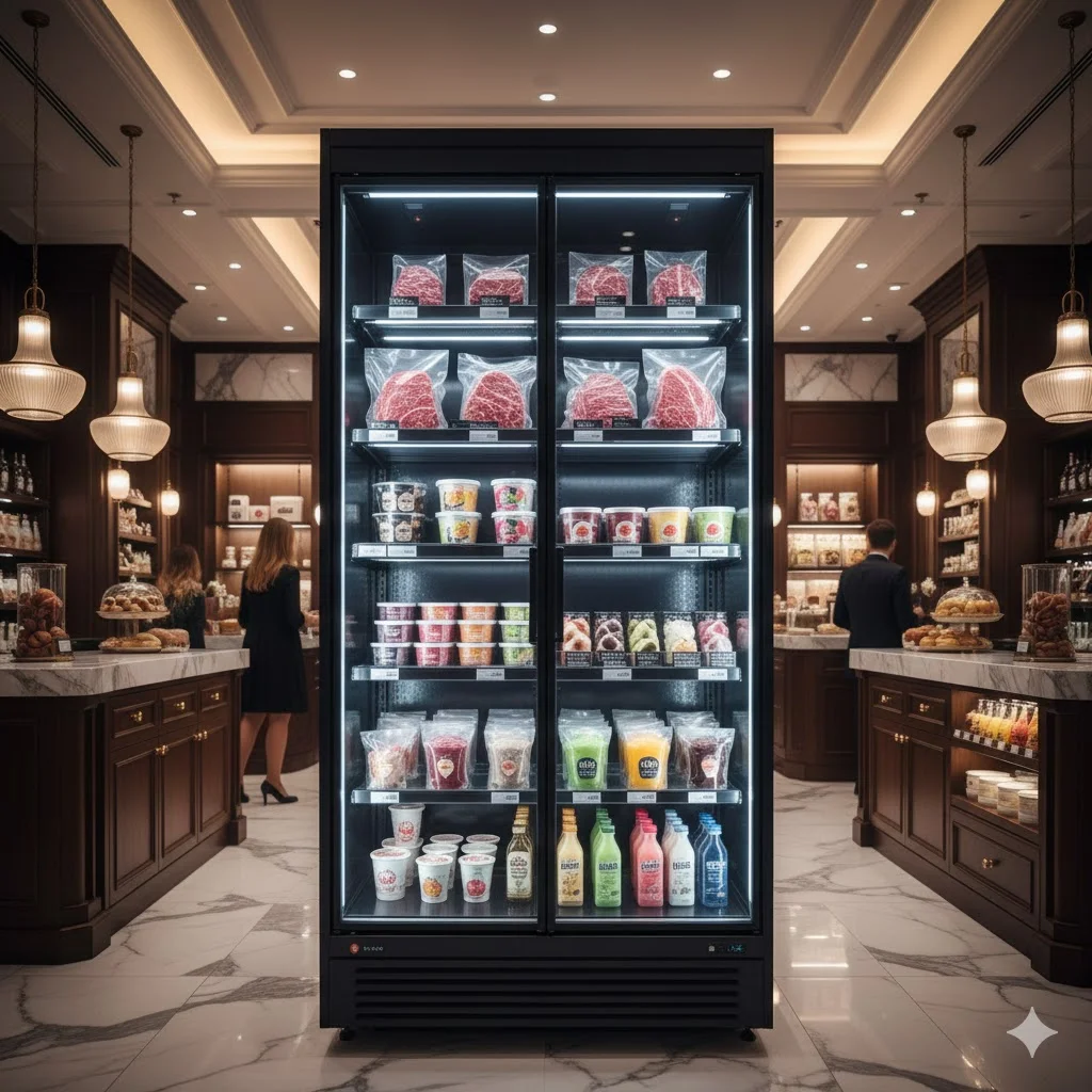 대형 유리 도어가 적용된 모던한 디자인의 업소용 냉동 쇼케이스 전경