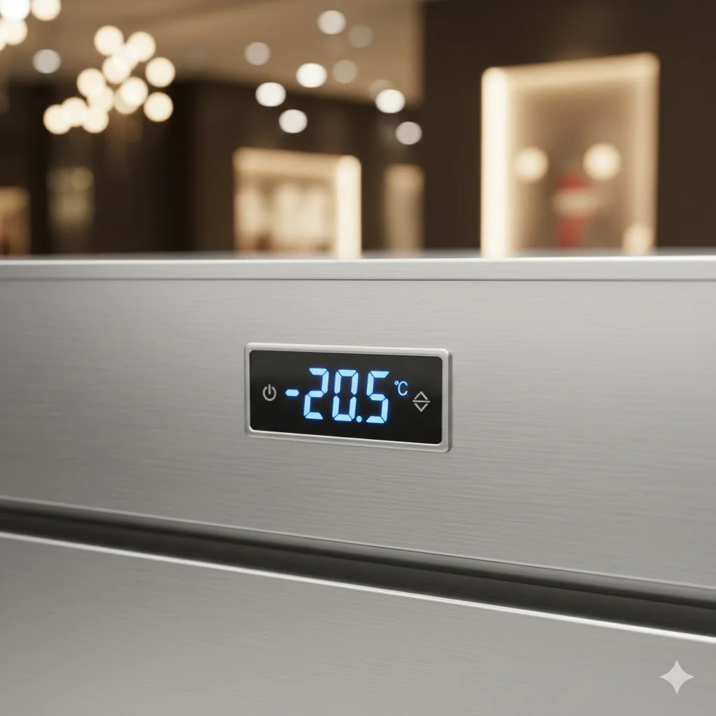 현재 온도를 표시하는 블루 LED 디스플레이와 고급 마감재 디테일