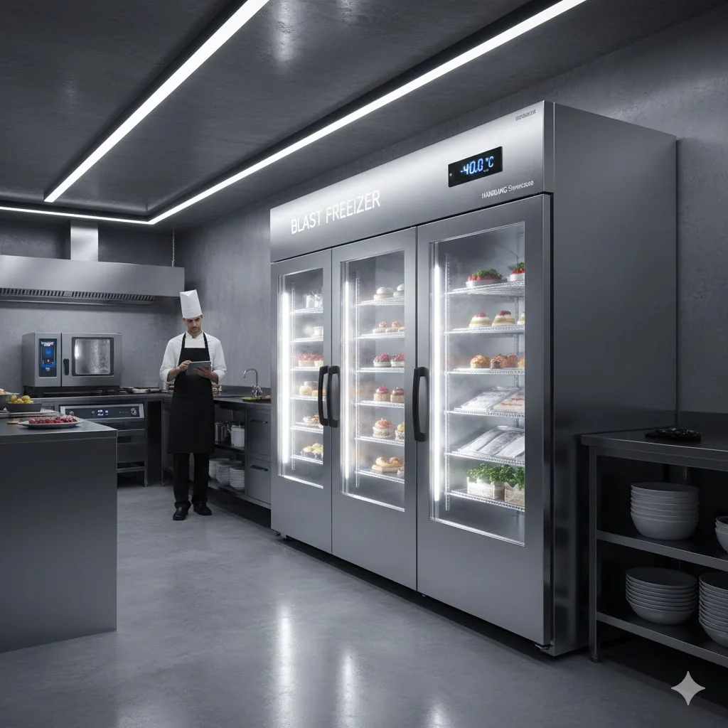 고급 주방에 배치된 대형 스테인리스 급속냉동고 전면
