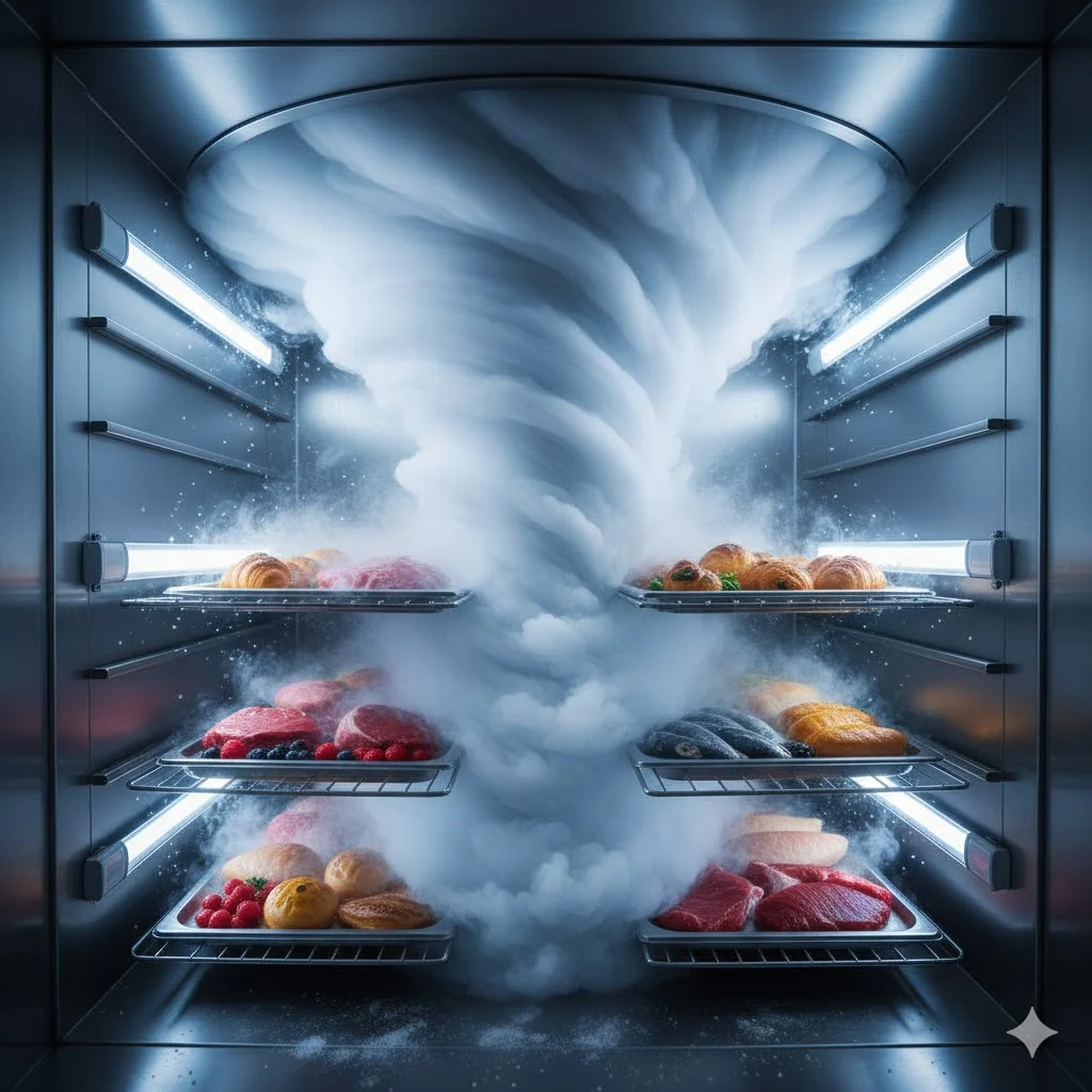 급속냉동고 내부에서 냉기가 swirling 하는 모습과 식재료