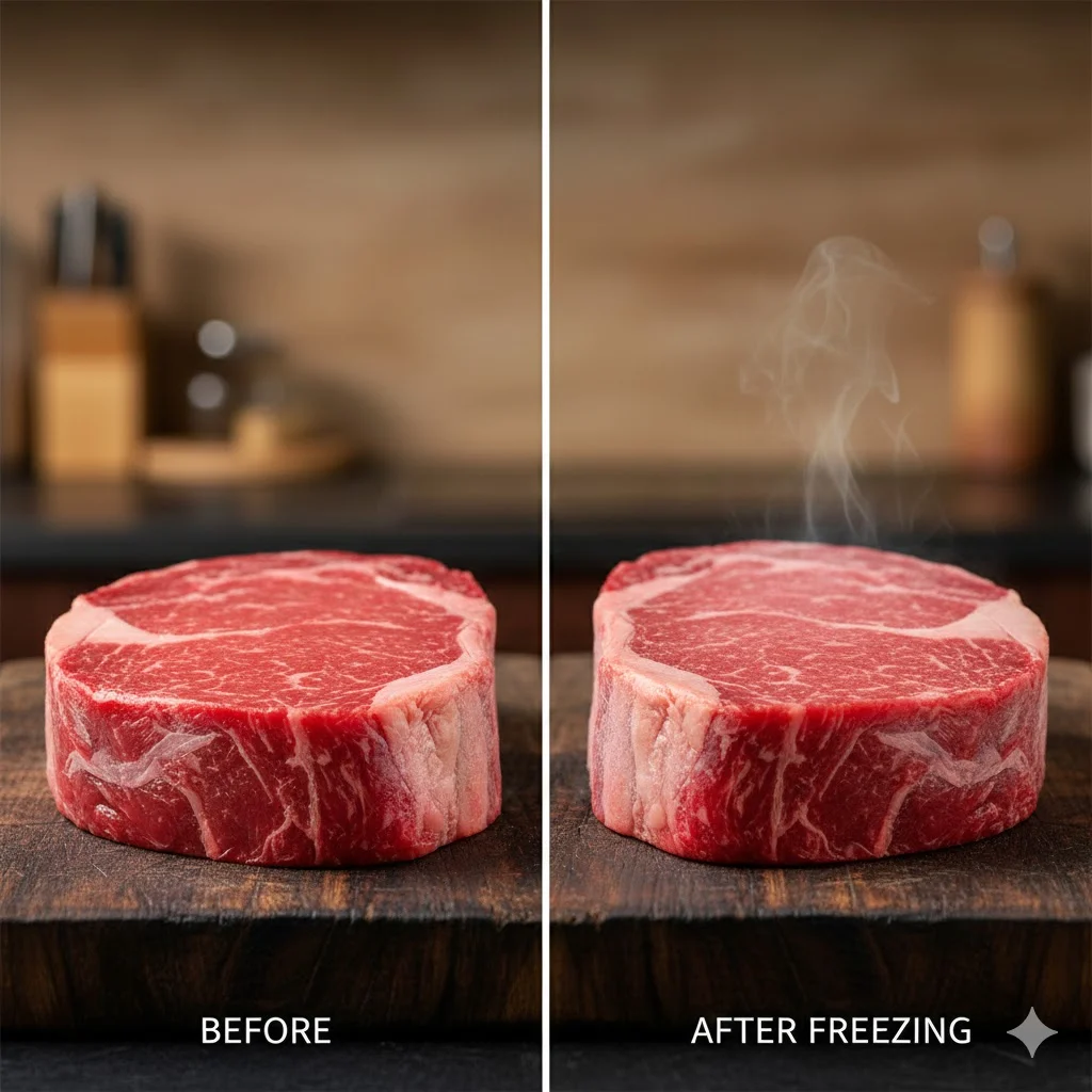 얼리기 전과 급속냉동 후의 육류 비교 이미지 (색상, 질감 변화 없음)