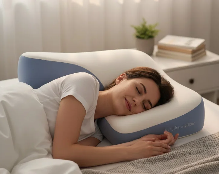 수면 무호흡증 치료를 위해 기능성 베개를 사용하여 숙면을 취하고 있는 여성의 모습