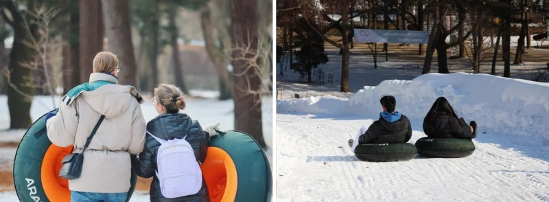 Two images of people enjoying ice sledding in the Nami island.