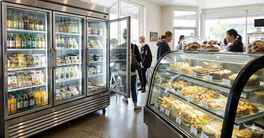 여닫이문 유리냉장고가 통로를 차지해 손님 동선이 좁아진 예시 이미지