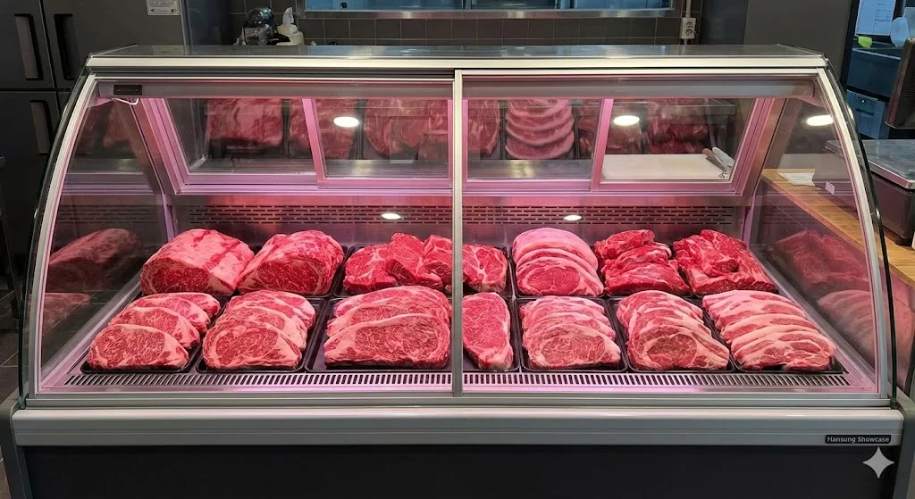 선명한 선홍빛 고기가 가득 진열된 프리미엄 정육쇼케이스 실물 모습