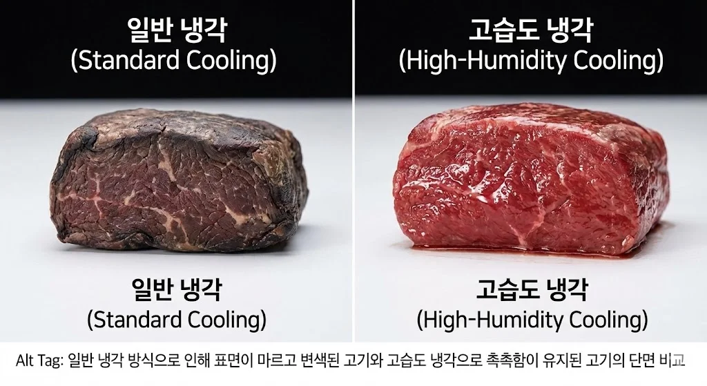 일반 냉각 방식으로 인해 표면이 마르고 변색된 고기와 고습도 냉각으로 촉촉함이 유지된 고기의 단면 비교